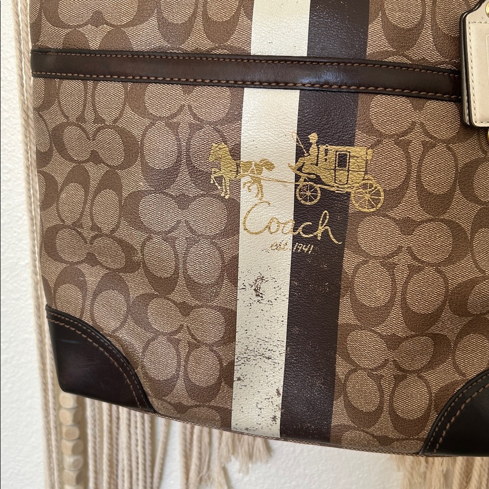 Vintage Coach Signature Chelsea Heritage Stripe Tote tan brown/ leather trim - Picture 2 of 7
